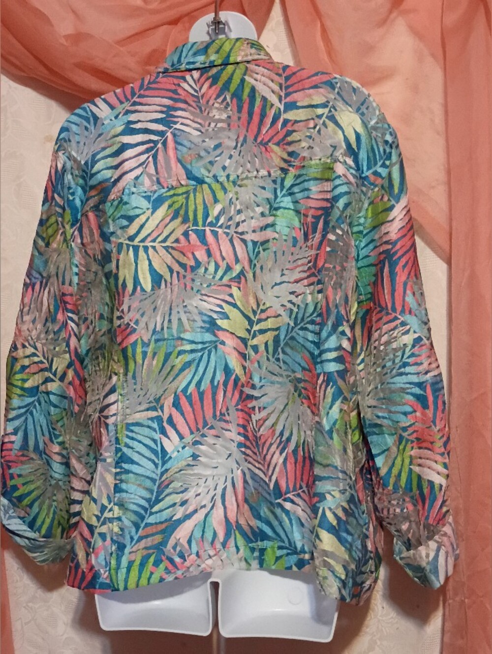 Ruby Rd. Multicolor Tropical Print/Sheer Button Down Shirt - Picture 7 of 8